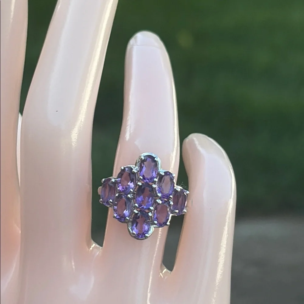 Natural 3.30 carat Genuine Amethyst Waterfall Design Cluster Ring Size 8